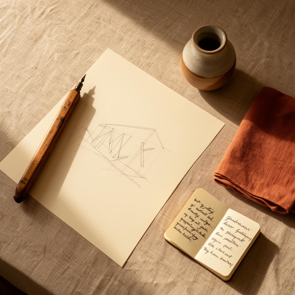 Designer's desk with sketch paper, ceramic vessel and warm linen