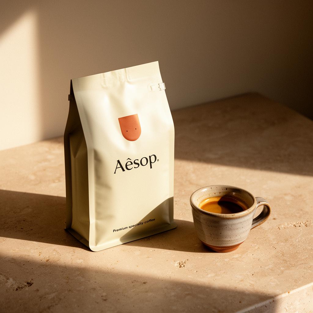 Cream coffee packaging next to a small ceramic espresso cup on warm stone