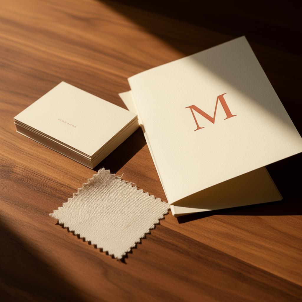 Cream brand brochure with serif M monogram and business cards on warm walnut wood