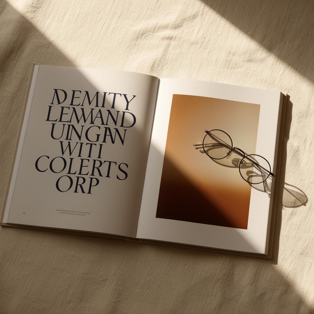 Open editorial art book with large serif type and round reading glasses